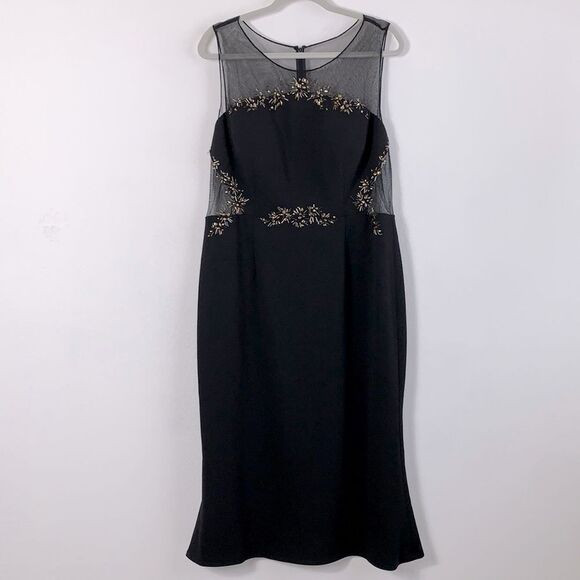 Adrianna Papell Embellished Beaded Knit Mesh Crepe Black Gown Occasion Dress 16 - Picture 1 of 10